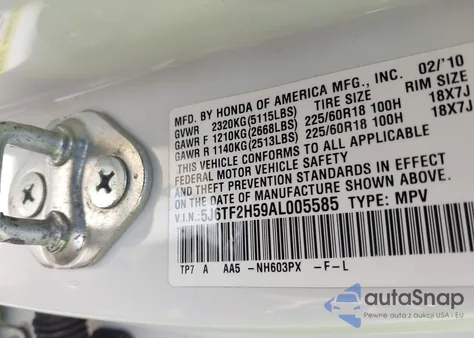 2010 Honda Accord Crosstour Ex-L z USA, uszkodzony, nr VIN 5J6TF2H59AL005585